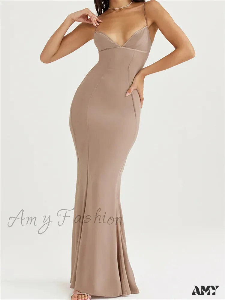 Amy Fashion - Retro Slim Fit  for Women Sleeveless Strap Bodycon Backless V-neck Formal Club Night Summer Vestidos