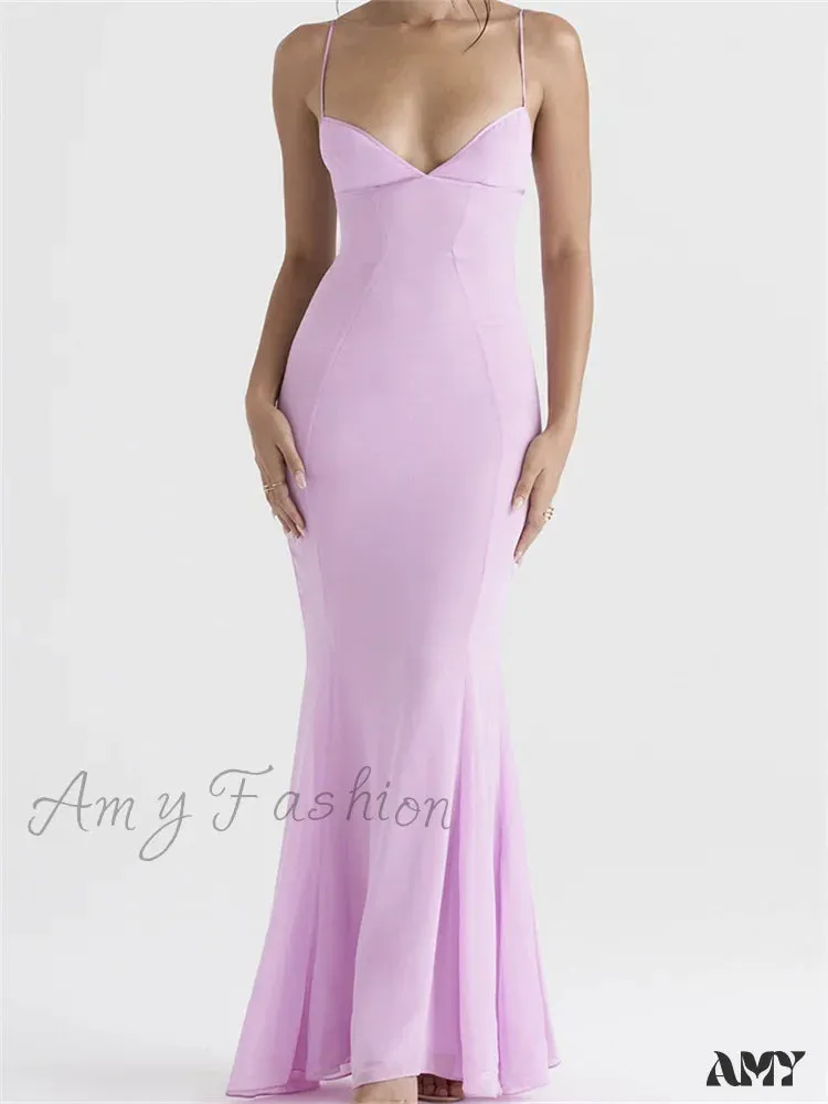 Amy Fashion - Retro Slim Fit  for Women Sleeveless Strap Bodycon Backless V-neck Formal Club Night Summer Vestidos