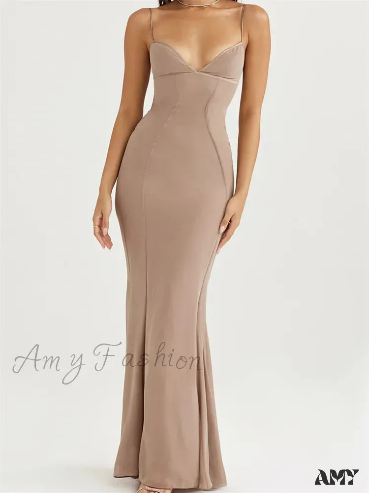 Amy Fashion - Retro Slim Fit  for Women Sleeveless Strap Bodycon Backless V-neck Formal Club Night Summer Vestidos