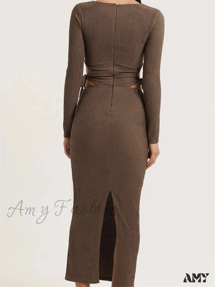 Amy Fashion - Women Autumn Knitted Slim Fit  Solid Round Neck Back Split  Sleeve Hollow Out Tie Up Party Vestido