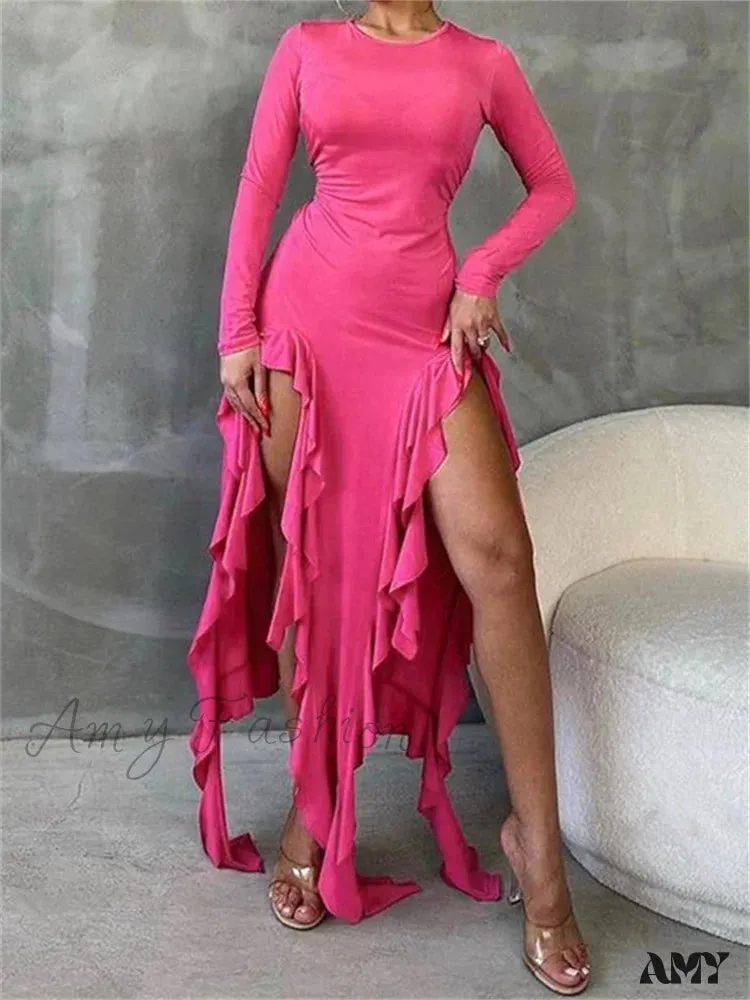 Amy Fashion - Women Bodycon  Fashion  Sleeve Solid Color High Split Ruffles Ruched Party Female Vestidos