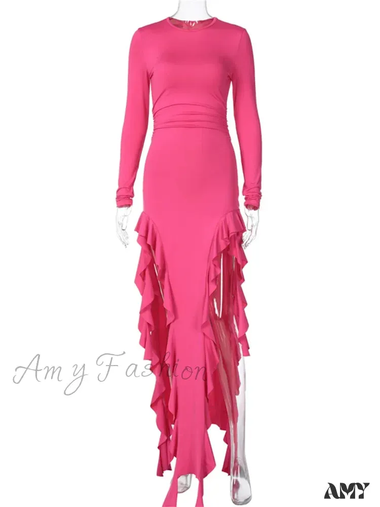 Amy Fashion - Women Bodycon  Fashion  Sleeve Solid Color High Split Ruffles Ruched Party Female Vestidos