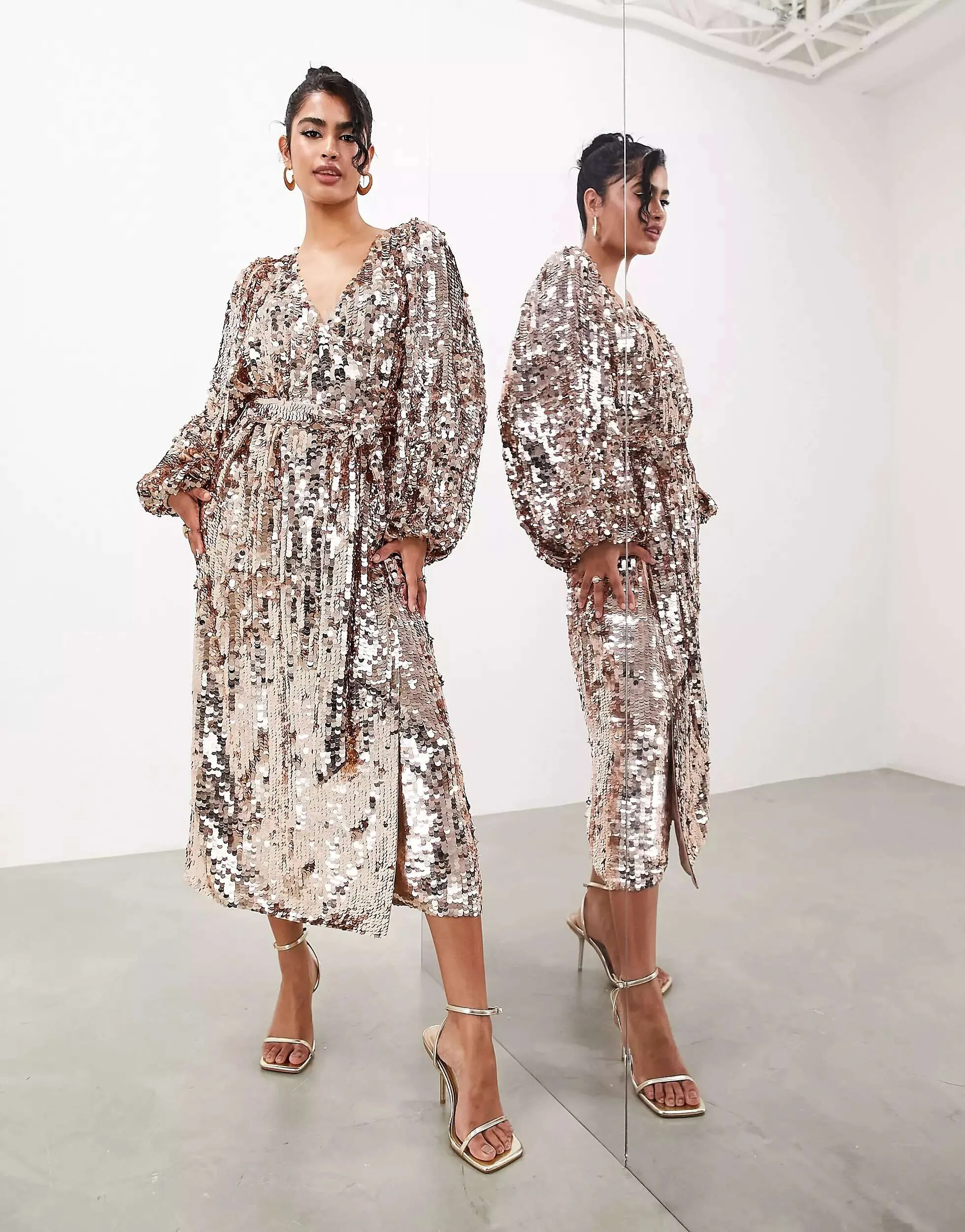 ASOS Gold Batwing Sleeve Sequin Midi Dress