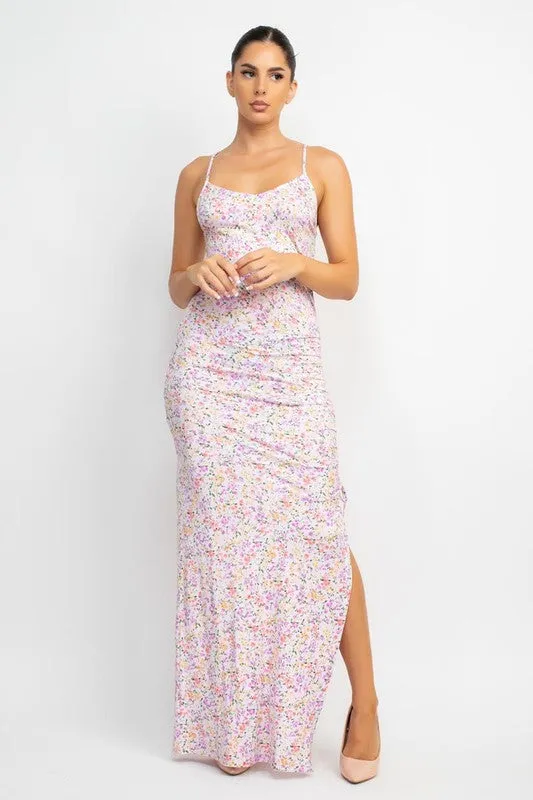 Baby Pink Floral Slit Ruched Maxi Dress
