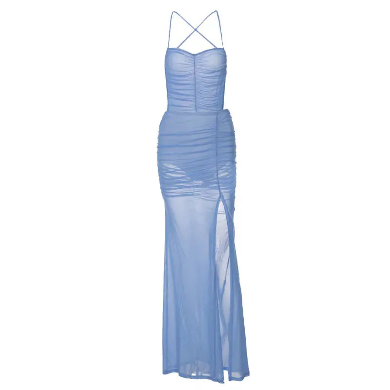 Backless Hollow Beach for Women Fashion Solid Color A-line Midi Summer Sexy Split Maxi Dress