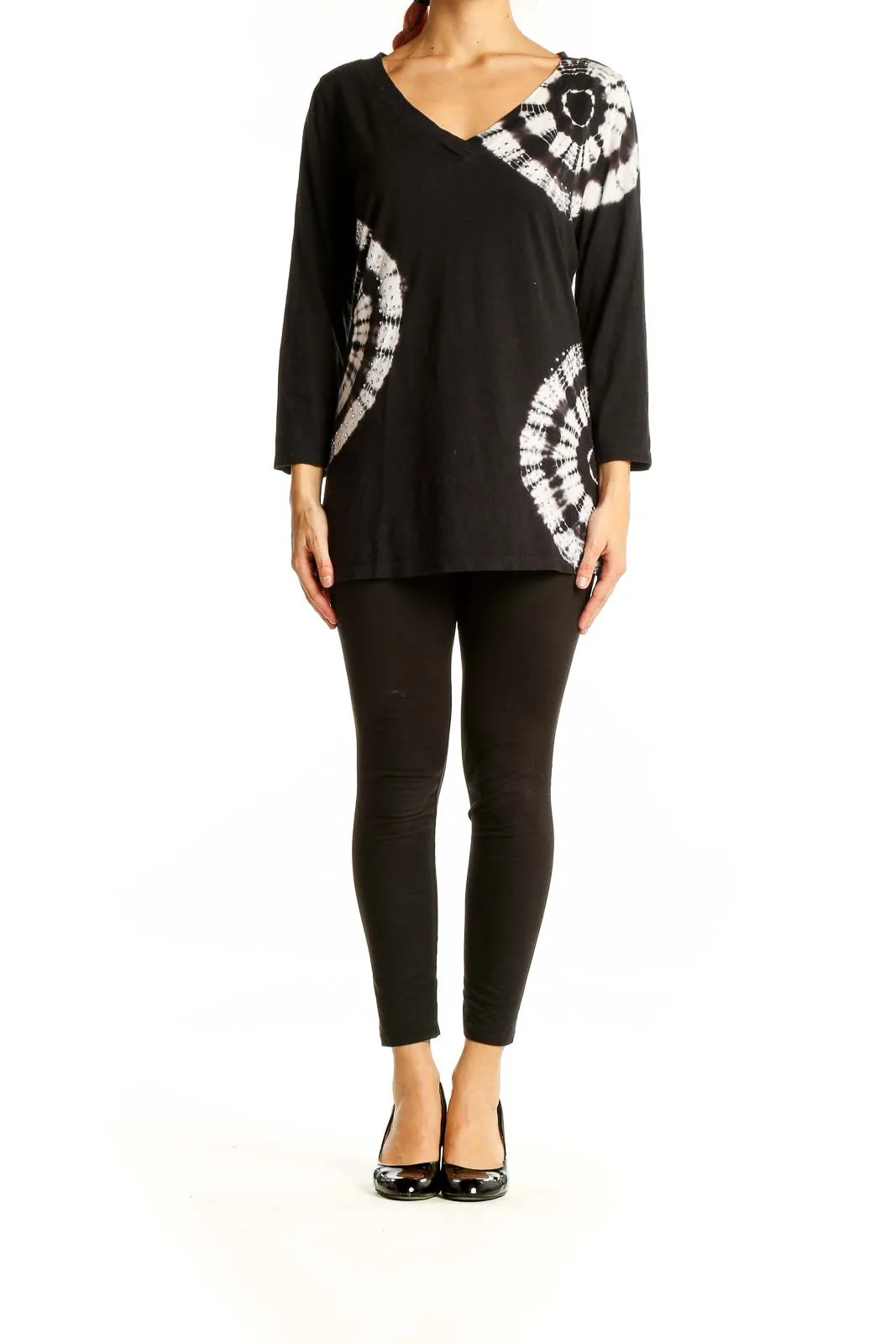 Black and White Tie-Dye V-Neck Top