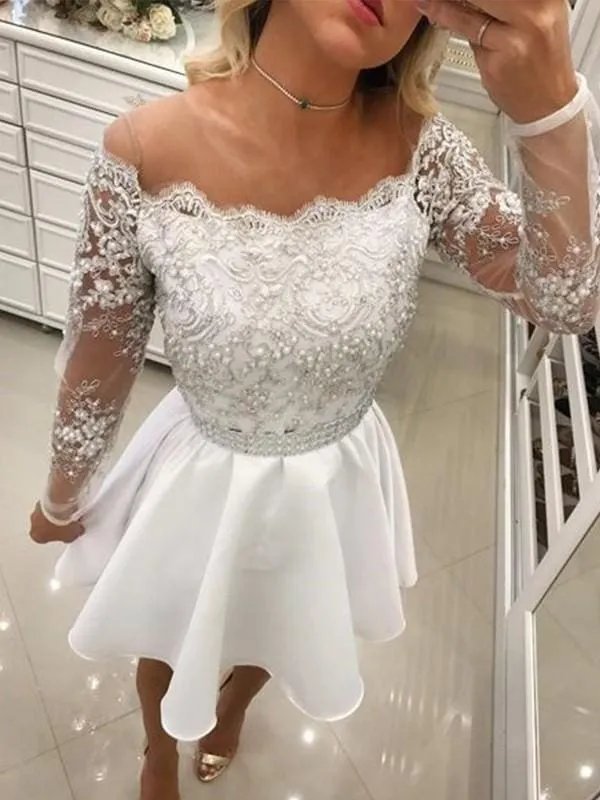 Bridelily A-Line Long Sleeves Off-the-Shoulder Chiffon With Beading Short/Mini Dresses