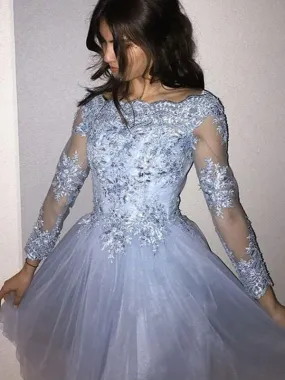 Bridelily A-Line Long Sleeves Off-the-Shoulder Tulle With Applique Short/Mini Dresses