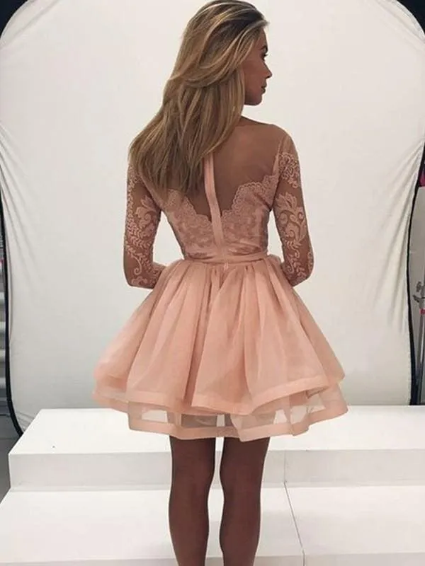 Bridelily A-Line Long Sleeves Scoop Organza With Applique Short/Mini Dresses