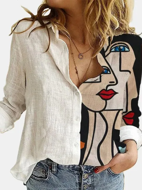 hulianfu  Fashion Retro Portrait Floral Print Women Shirt  Autumn Stitching Button Long Sleeve Cotton Linen Blouses Casual Street Lady Top