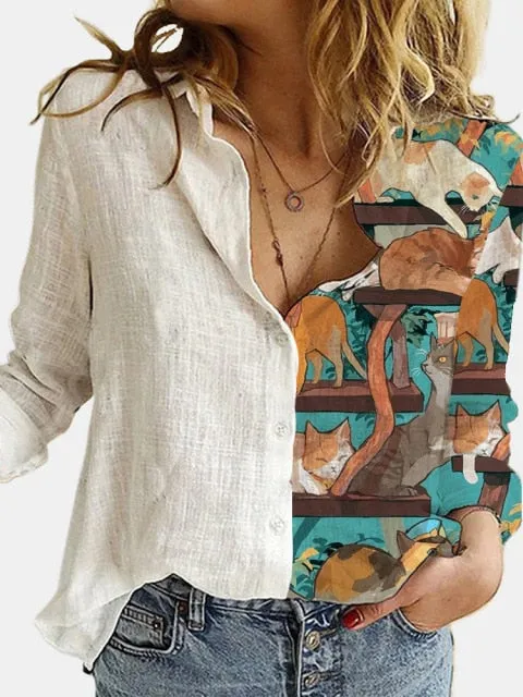 hulianfu  Fashion Retro Portrait Floral Print Women Shirt  Autumn Stitching Button Long Sleeve Cotton Linen Blouses Casual Street Lady Top