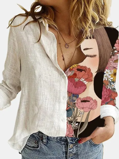 hulianfu  Fashion Retro Portrait Floral Print Women Shirt  Autumn Stitching Button Long Sleeve Cotton Linen Blouses Casual Street Lady Top