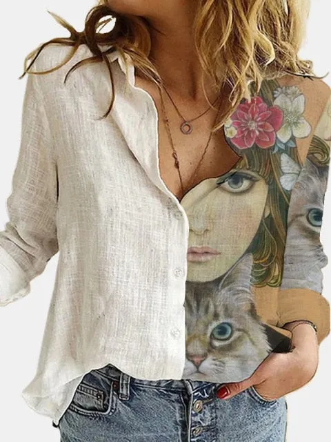 hulianfu  Fashion Retro Portrait Floral Print Women Shirt  Autumn Stitching Button Long Sleeve Cotton Linen Blouses Casual Street Lady Top