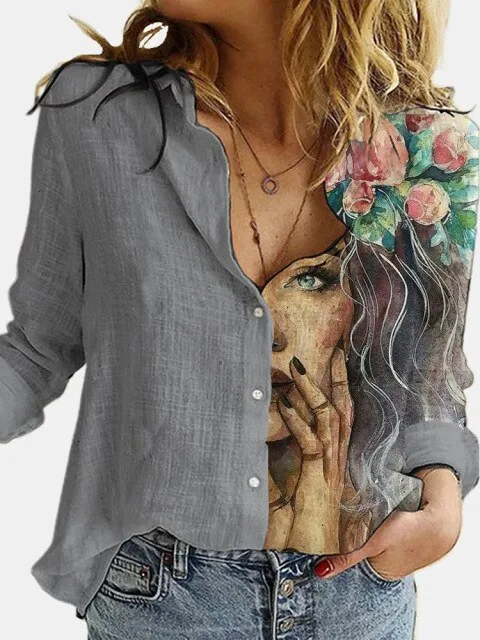 hulianfu  Fashion Retro Portrait Floral Print Women Shirt  Autumn Stitching Button Long Sleeve Cotton Linen Blouses Casual Street Lady Top