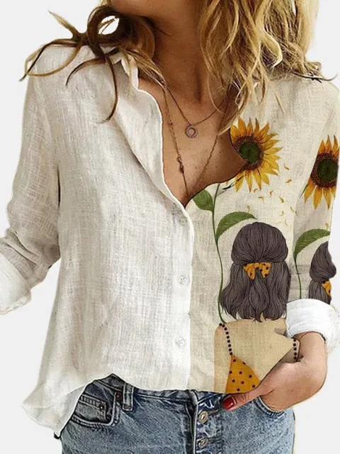 hulianfu  Fashion Retro Portrait Floral Print Women Shirt  Autumn Stitching Button Long Sleeve Cotton Linen Blouses Casual Street Lady Top