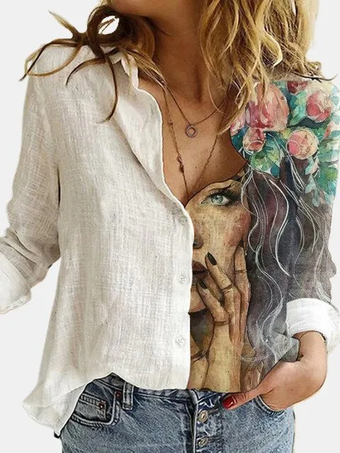 hulianfu  Fashion Retro Portrait Floral Print Women Shirt  Autumn Stitching Button Long Sleeve Cotton Linen Blouses Casual Street Lady Top