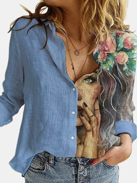 hulianfu  Fashion Retro Portrait Floral Print Women Shirt  Autumn Stitching Button Long Sleeve Cotton Linen Blouses Casual Street Lady Top