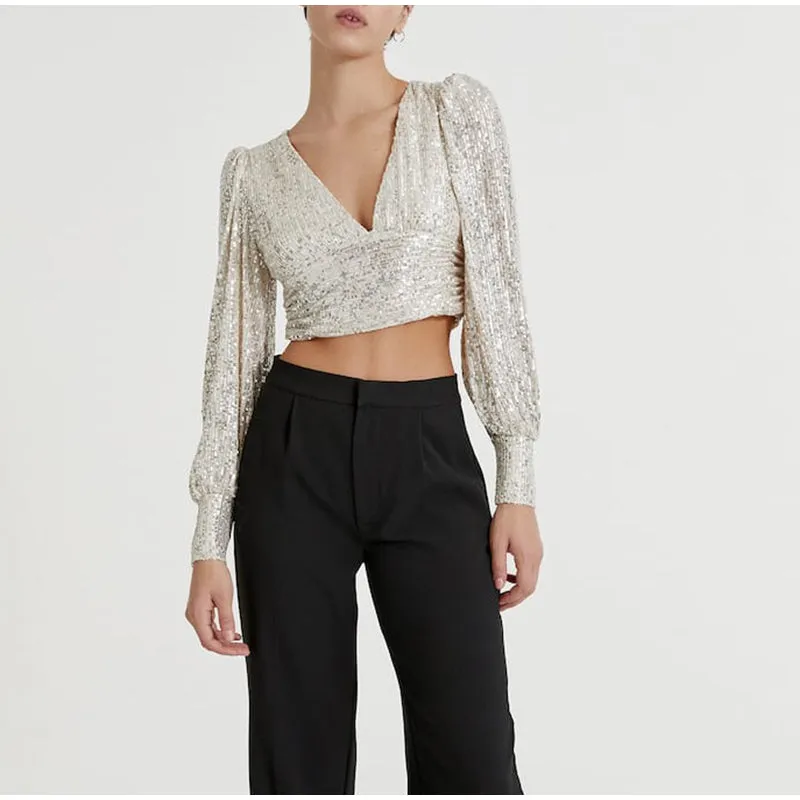 hulianfu  Women's Silver Sequins Blouse Female Fashion Puff Sleeve V Neck Short Pleated Shirt Tops Spring Chic Sexy Street Wear