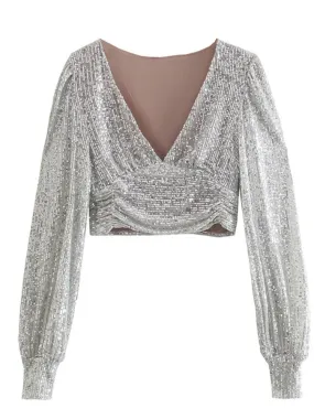 hulianfu  Women's Silver Sequins Blouse Female Fashion Puff Sleeve V Neck Short Pleated Shirt Tops Spring Chic Sexy Street Wear