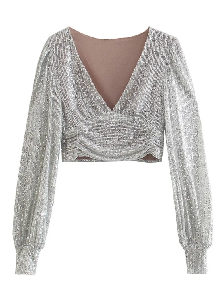 hulianfu  Women's Silver Sequins Blouse Female Fashion Puff Sleeve V Neck Short Pleated Shirt Tops Spring Chic Sexy Street Wear