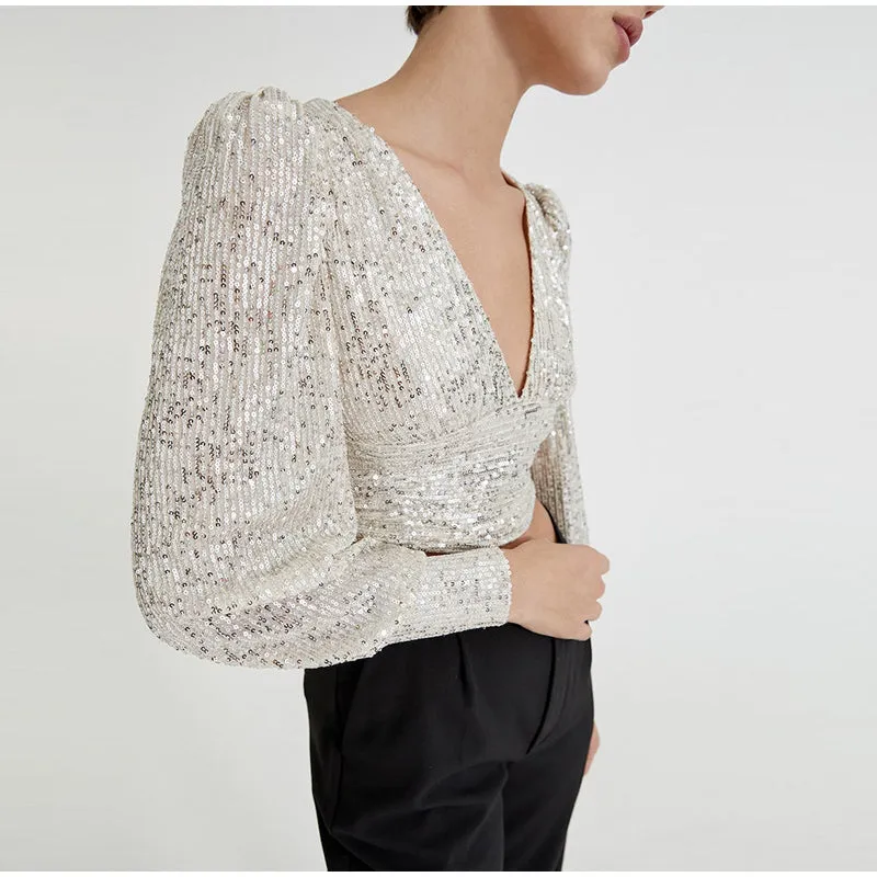 hulianfu  Women's Silver Sequins Blouse Female Fashion Puff Sleeve V Neck Short Pleated Shirt Tops Spring Chic Sexy Street Wear