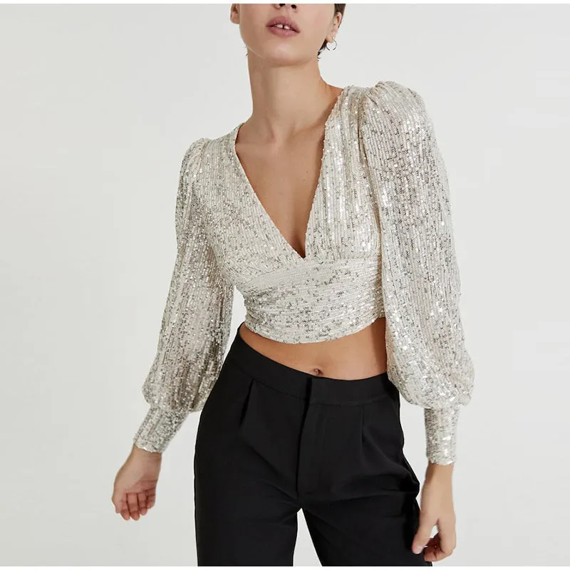 hulianfu  Women's Silver Sequins Blouse Female Fashion Puff Sleeve V Neck Short Pleated Shirt Tops Spring Chic Sexy Street Wear