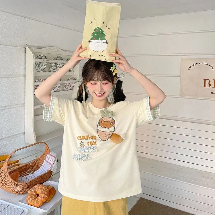 Kawaii Multicolor Cartoon Pattern Embroidered T-shirts