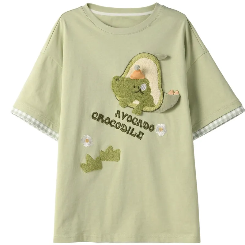Kawaii Multicolor Cartoon Pattern Embroidered T-shirts