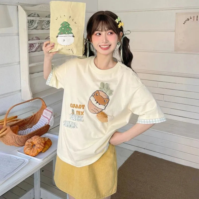 Kawaii Multicolor Cartoon Pattern Embroidered T-shirts