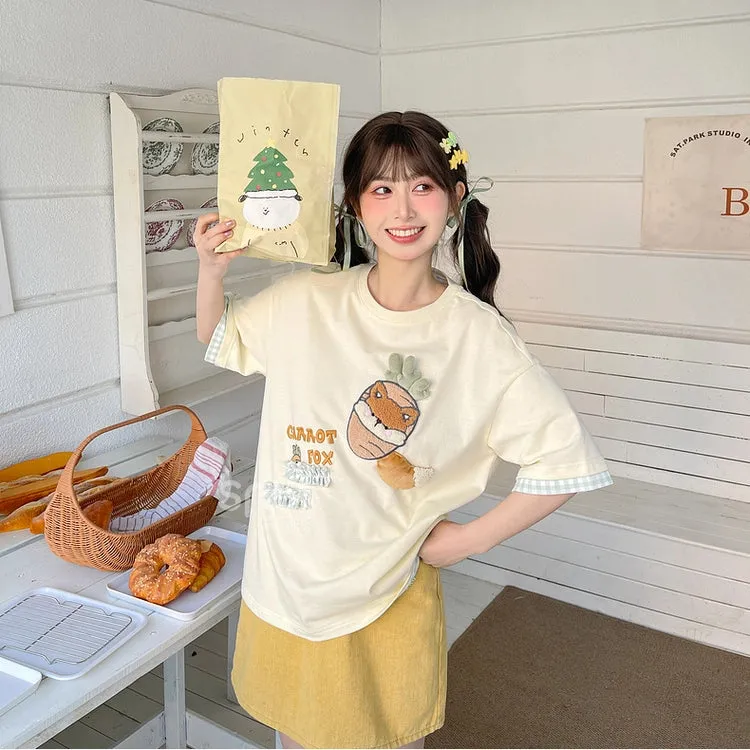 Kawaii Multicolor Cartoon Pattern Embroidered T-shirts