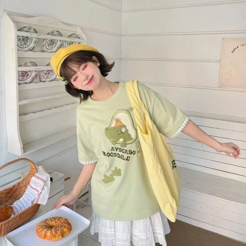 Kawaii Multicolor Cartoon Pattern Embroidered T-shirts