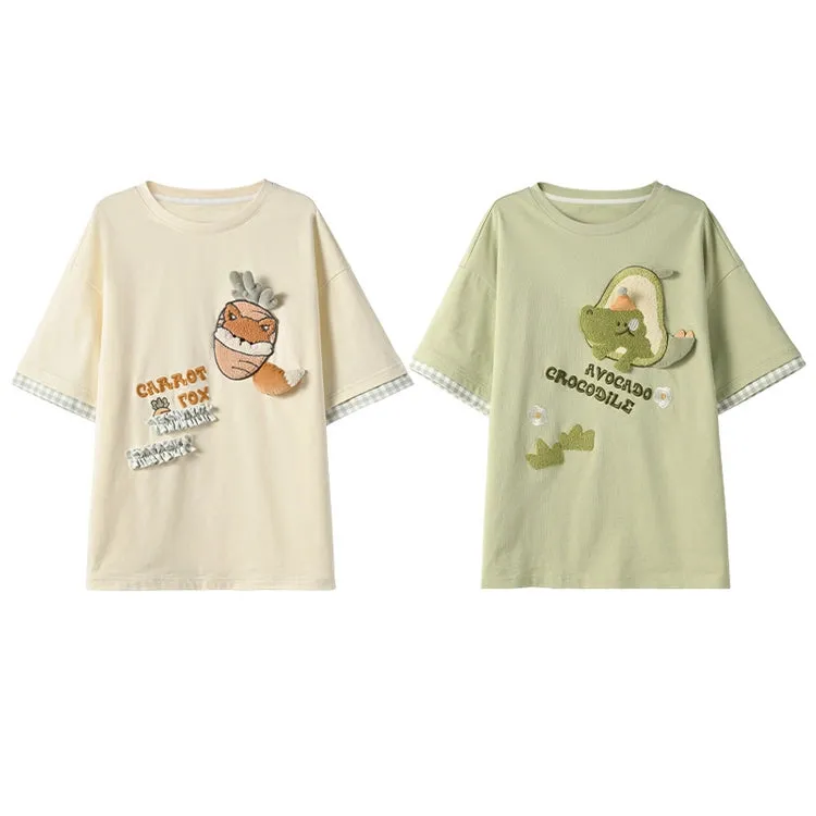 Kawaii Multicolor Cartoon Pattern Embroidered T-shirts
