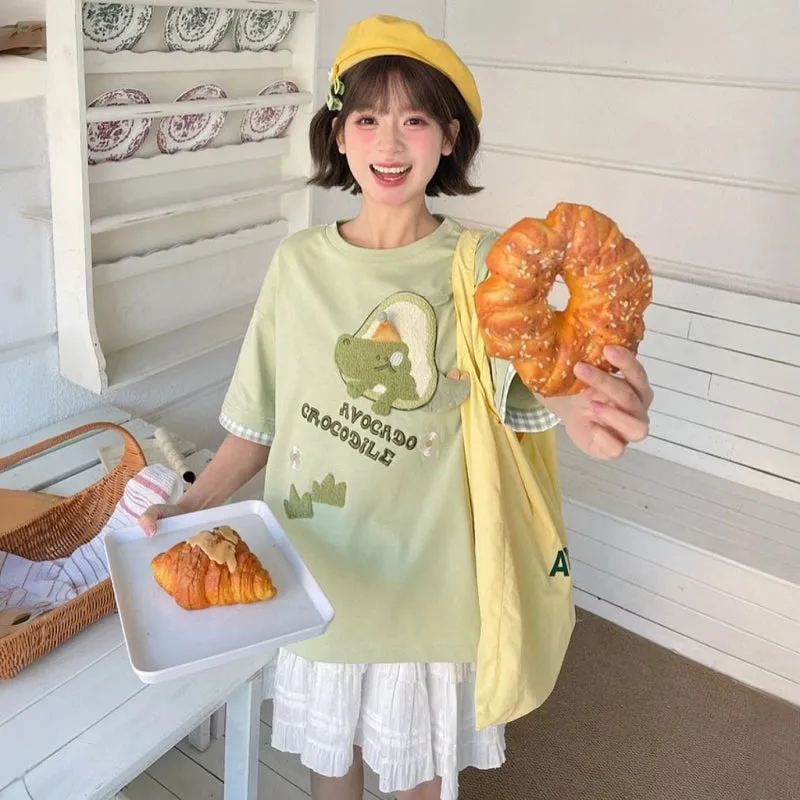Kawaii Multicolor Cartoon Pattern Embroidered T-shirts