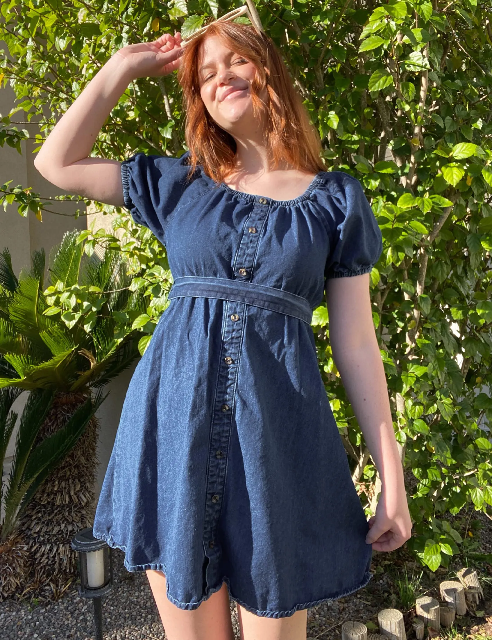 luvamia Denim Dress for Women Off The Shoulder Dresses Puff Sleeve Elastic Waist A Line Short Western Jean Dress Belted
