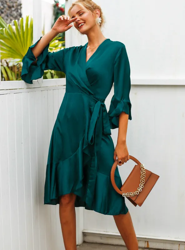 TastyHottie - Women Satin Solid Dress Ruffle Flare Sleeve Sash Wrap