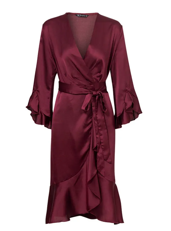 TastyHottie - Women Satin Solid Dress Ruffle Flare Sleeve Sash Wrap