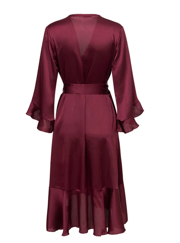 TastyHottie - Women Satin Solid Dress Ruffle Flare Sleeve Sash Wrap
