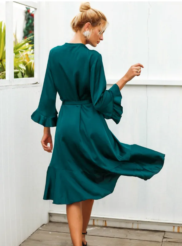 TastyHottie - Women Satin Solid Dress Ruffle Flare Sleeve Sash Wrap