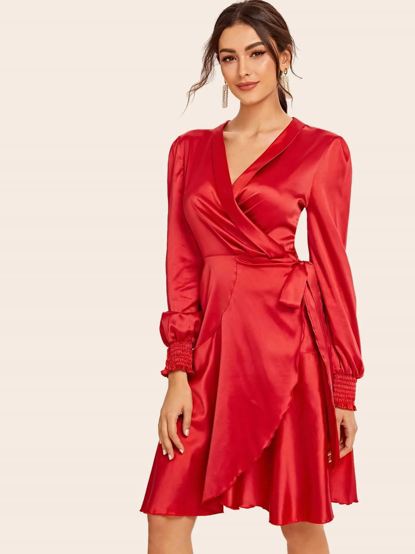 Tie Side Satin Dress With Wrap Skirt