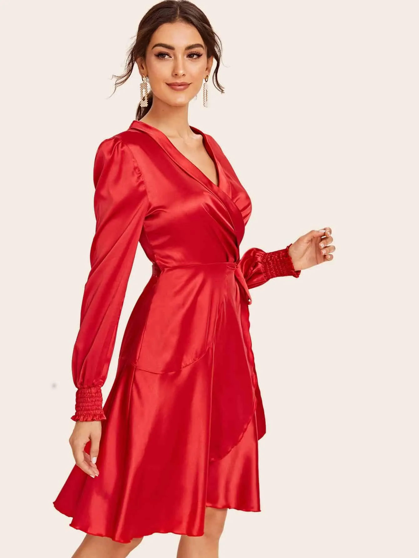 Tie Side Satin Dress With Wrap Skirt