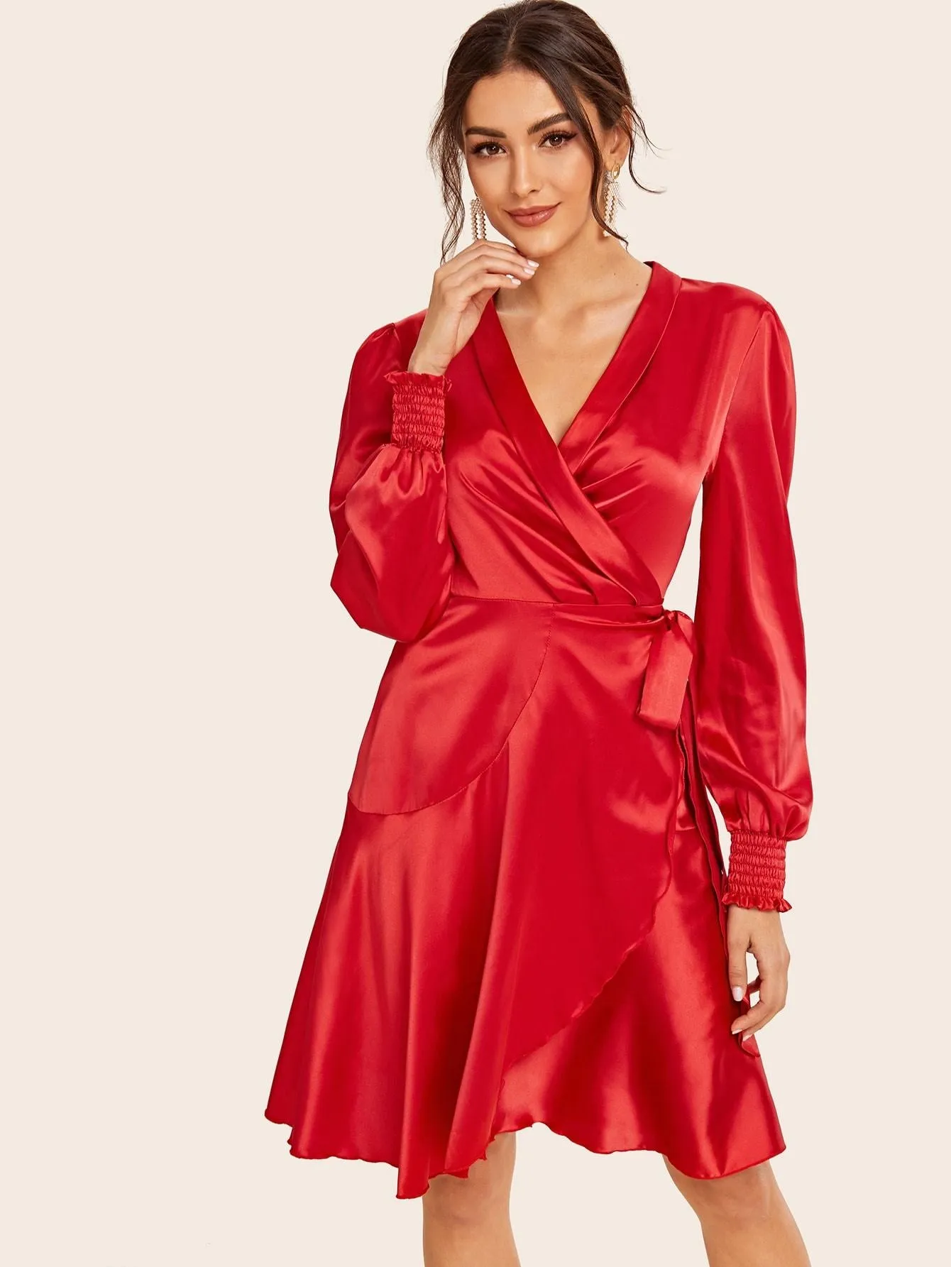 Tie Side Satin Dress With Wrap Skirt