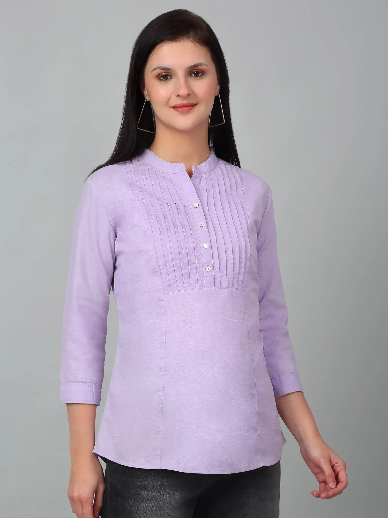 Women's Casual  Lilac Solid Mandarin Collar Tunic