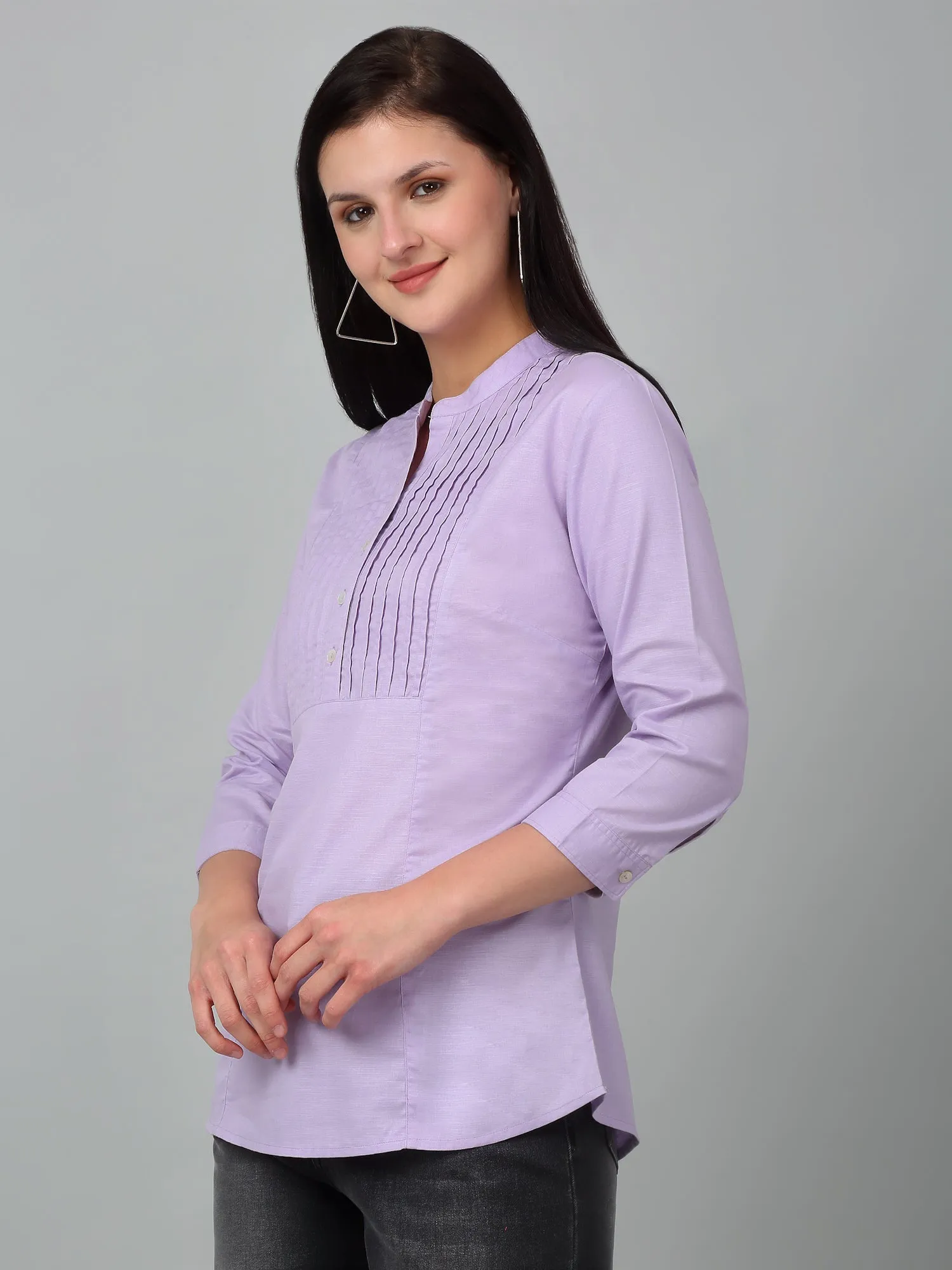 Women's Casual  Lilac Solid Mandarin Collar Tunic