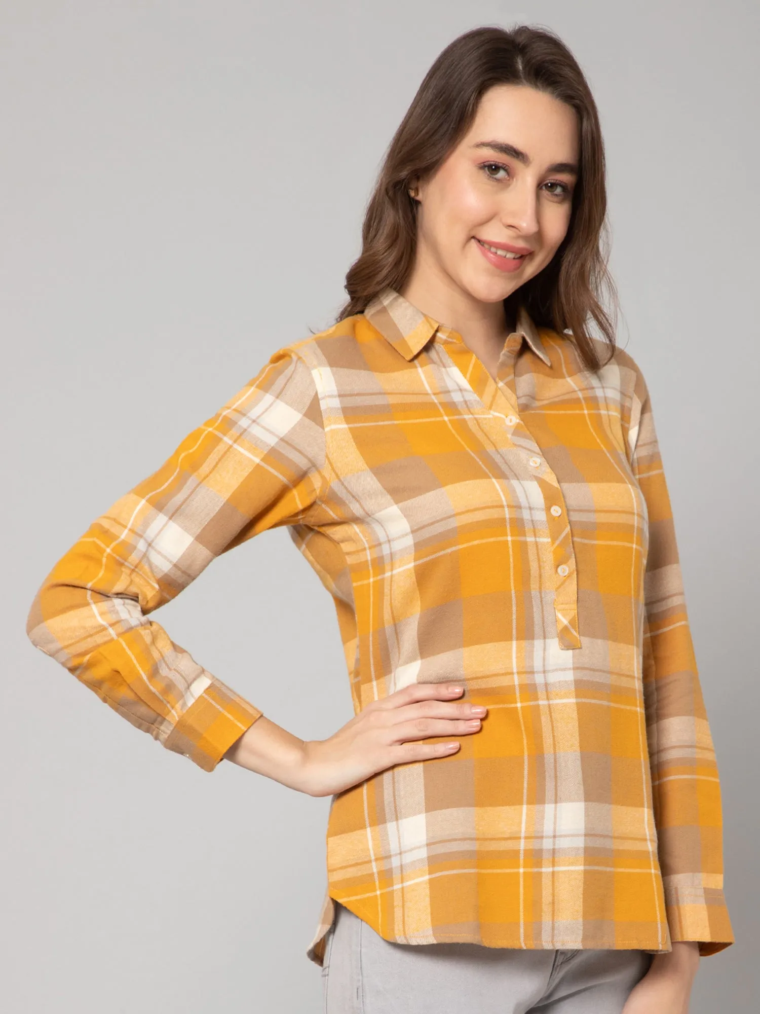Women's Casual  Yellow Check Spread Collar Tunic